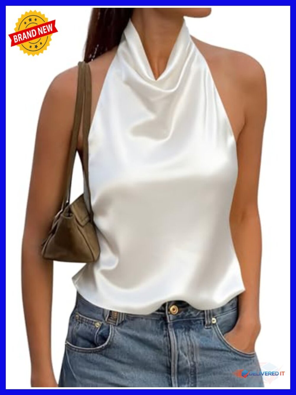 Satin Halter Tank Top with High Mock Neck Backless Cami Party Wear